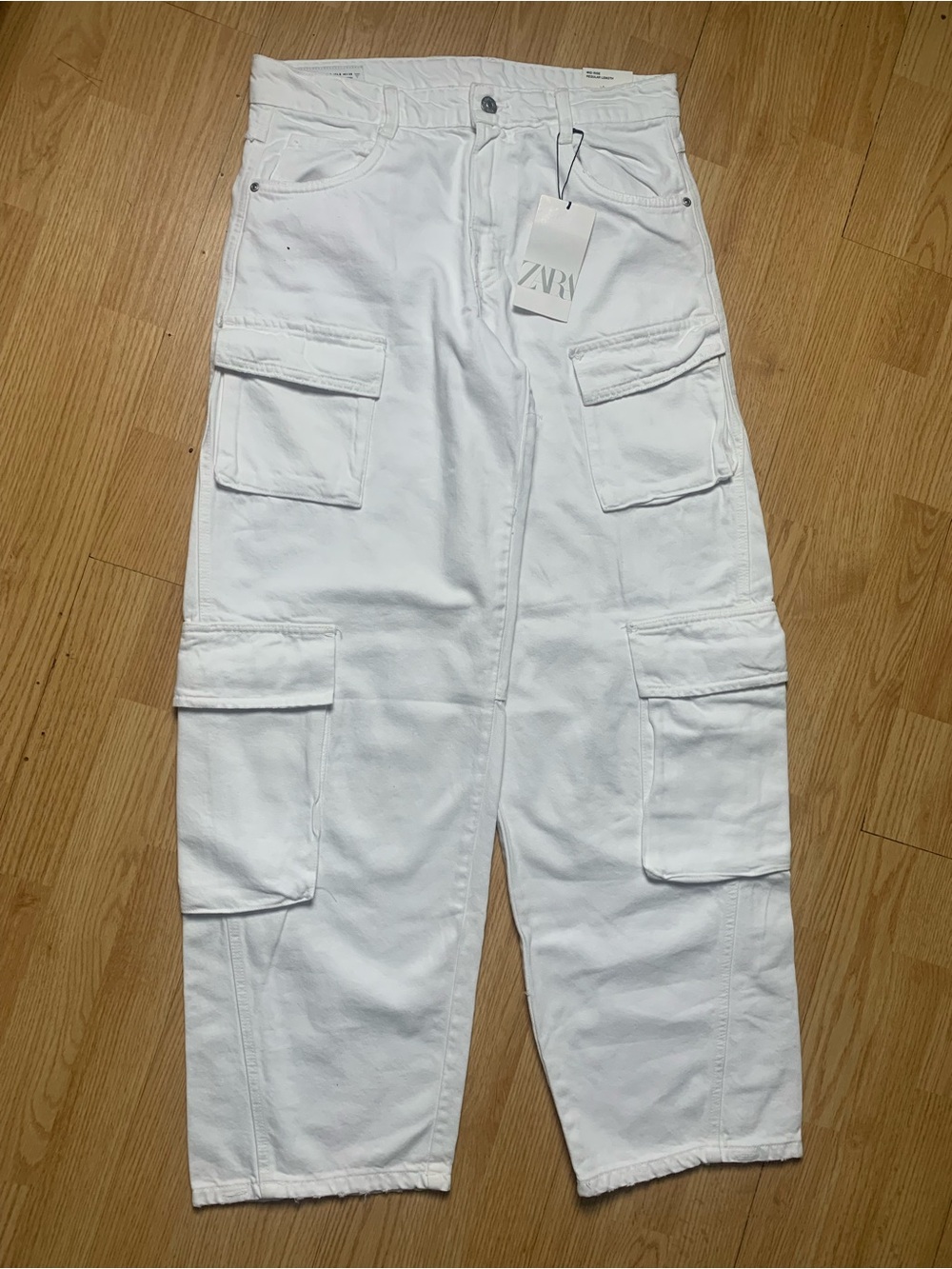 ZARA Women’s 6 White Cotton Denim Cargo Pants Barrel Leg Balloon Fit Utility NEW